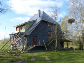 Holzhaus mit Storch